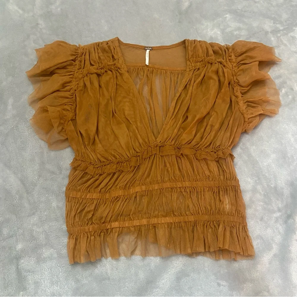 Free People Rustic Caramel Ruffled V-Neck Top - Picture 4 of 11